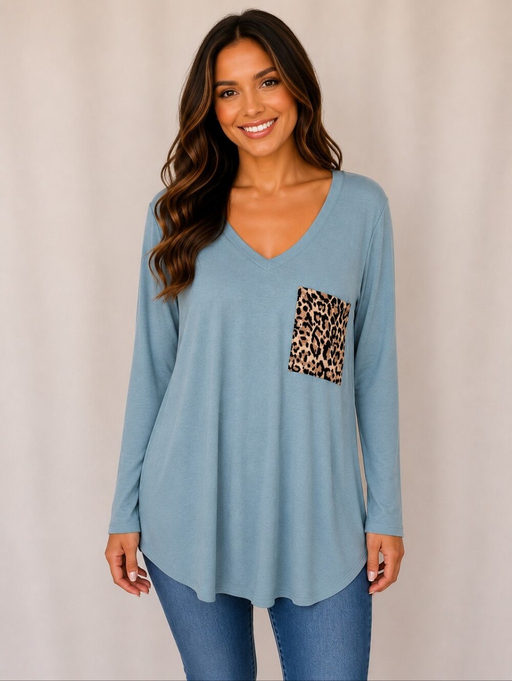 Womens Light Blue V-Neck Top with Leopard Pocket
